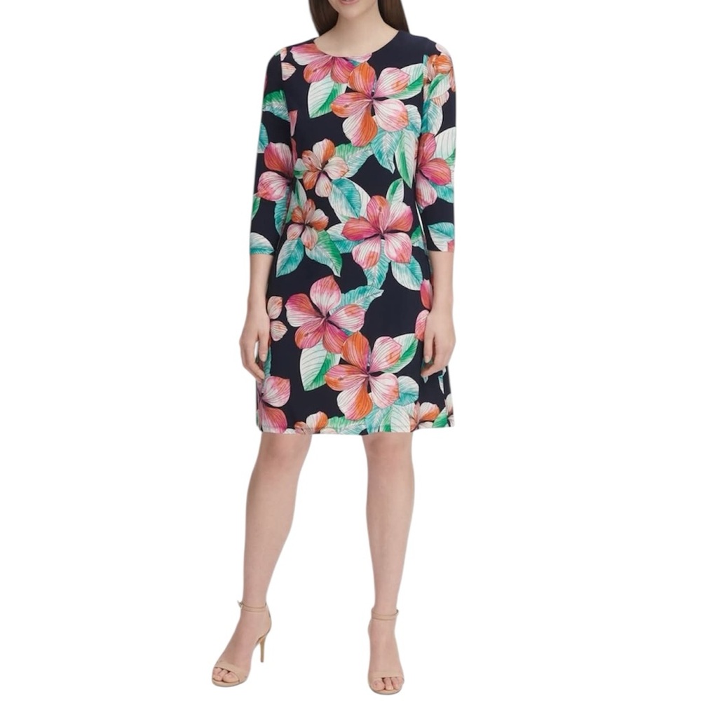 Tommy Hilfiger Navy Floral 3/4 Sleeve Shift Dress Size 4 Tropical Preppy Office
